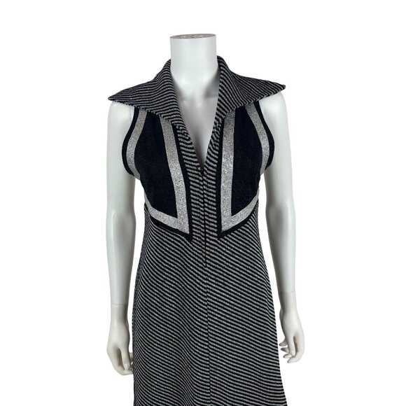 Vintage 70s Silver Mini Dress Womens XS Chevron Lurex Metallic Pointed Collar - Picture 3 of 11